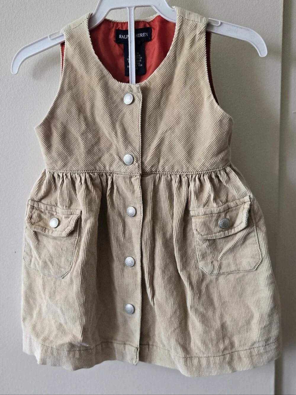 Ralph Lauren Girls' Tan Corduroy Button Front Pinafore Dress Baby 3/6m